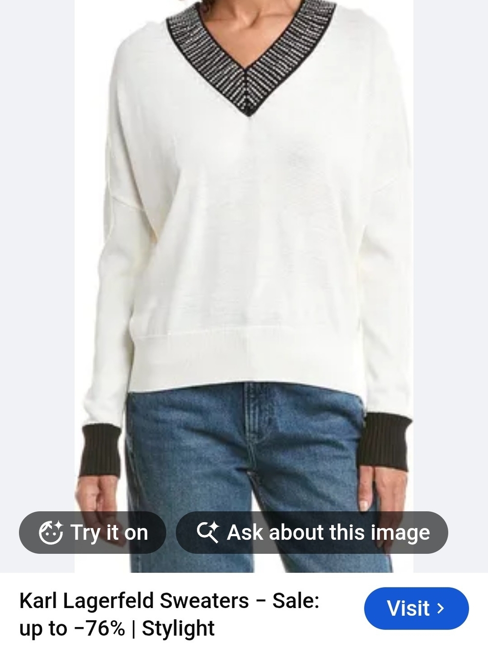 Karl Lagerfeld Embellished V-Neck Sweater with Black Trim Accents Size MED NWT